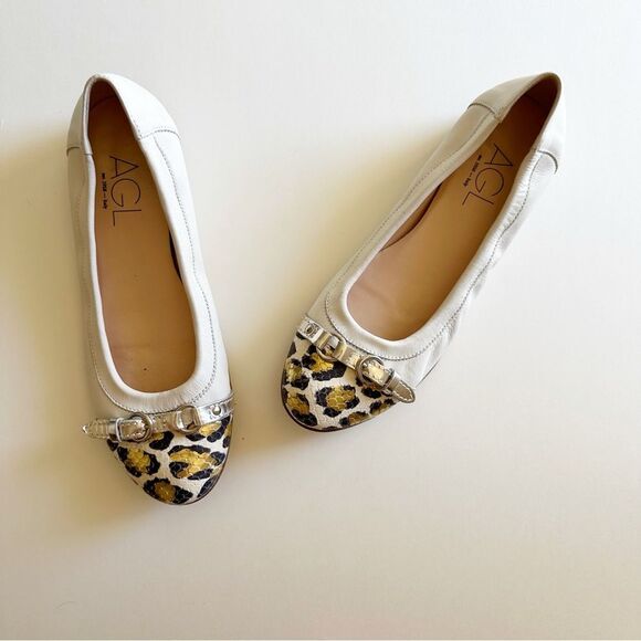 AGL ATTILIO GIUSTI LEOMBRUNI Ivory Leopard Print Cap Toe Ballet Flats - Picture 1 of 10